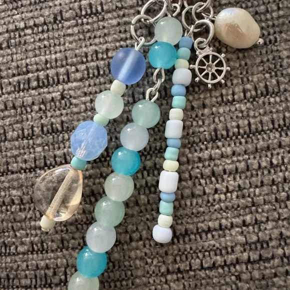 Sea Glass Ocean Beaded Bag Charm Keychain with Real Pearl Detail - Picture 4 of 4